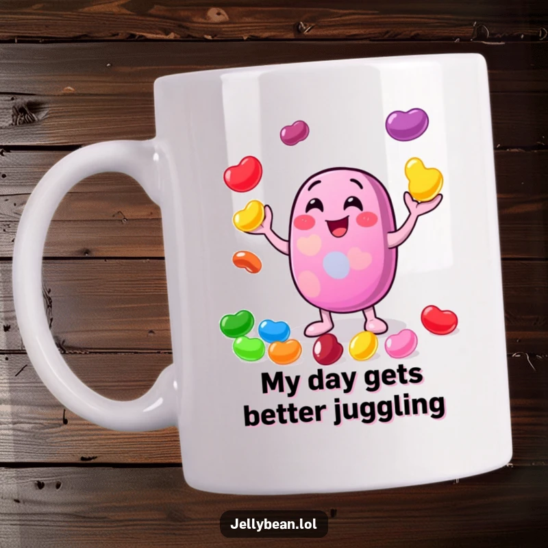 Funny mug depicting a cheerful jelly bean character expertly juggling smaller, brightly colored jelly beans with an expression of pure glee.