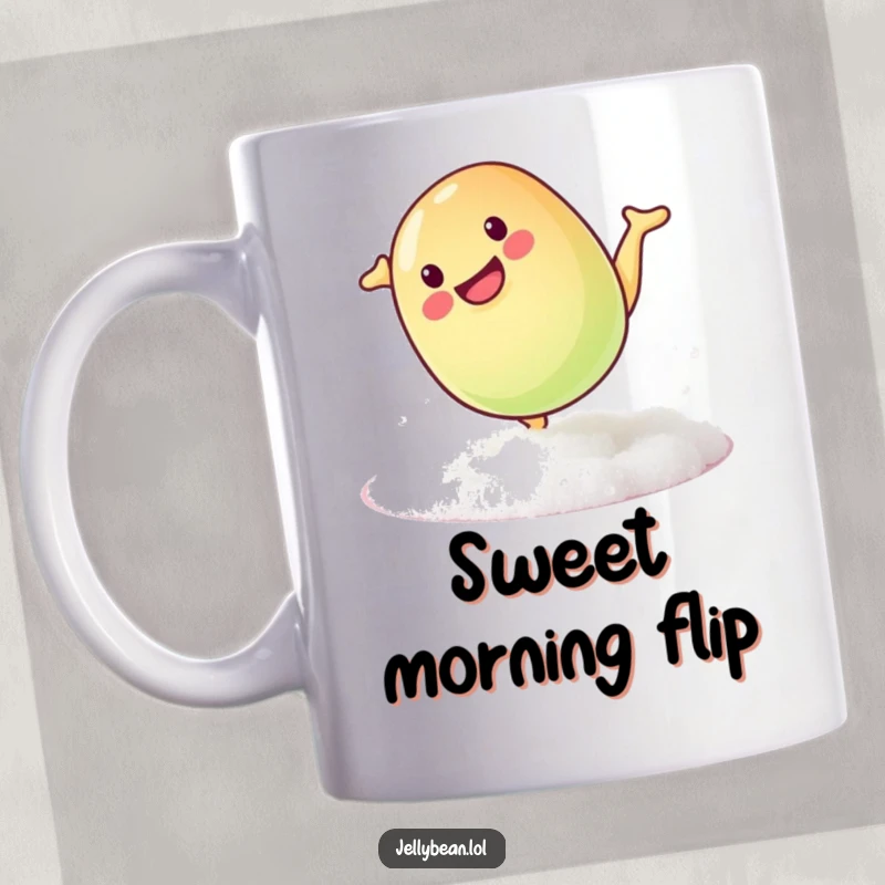 Funny mug showing a mischievous jelly bean doing a playful somersault on a sugary surface, full of cheeky energy.
