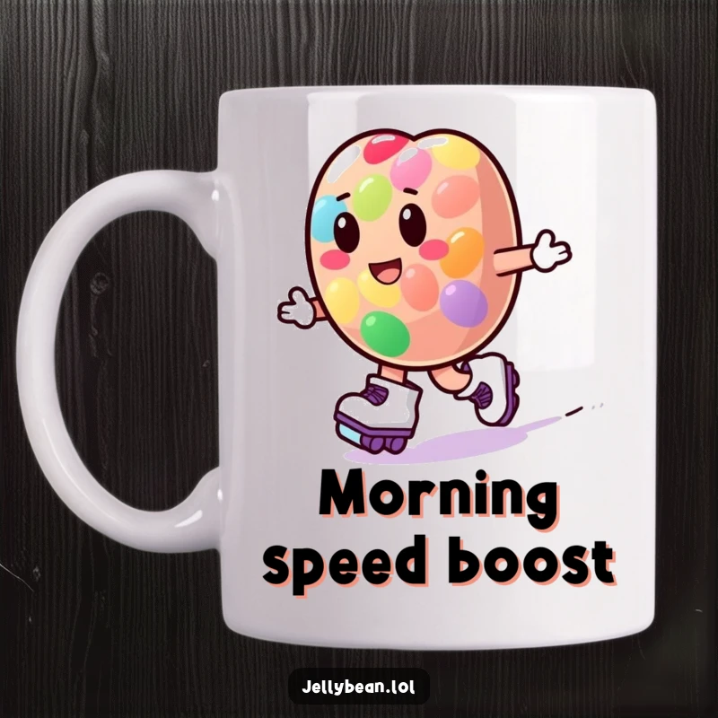 Funny jelly bean character wearing roller skates and zooming playfully, depicted on a mug for energetic sips.