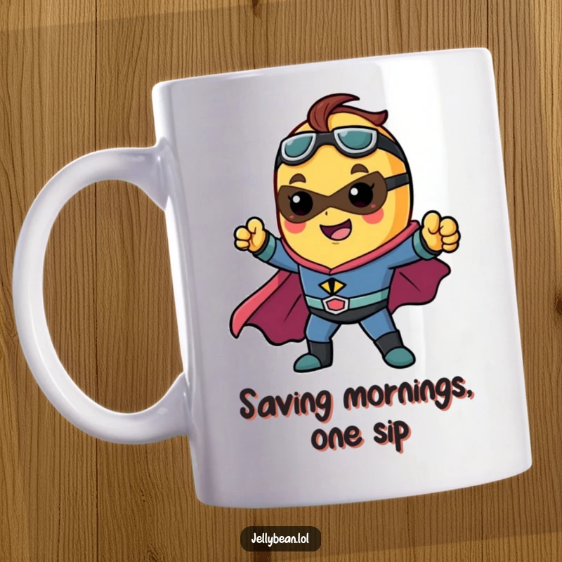 Funny mug showing a jelly bean character dressed as a superhero, striking a dynamic and heroic pose with confidence.