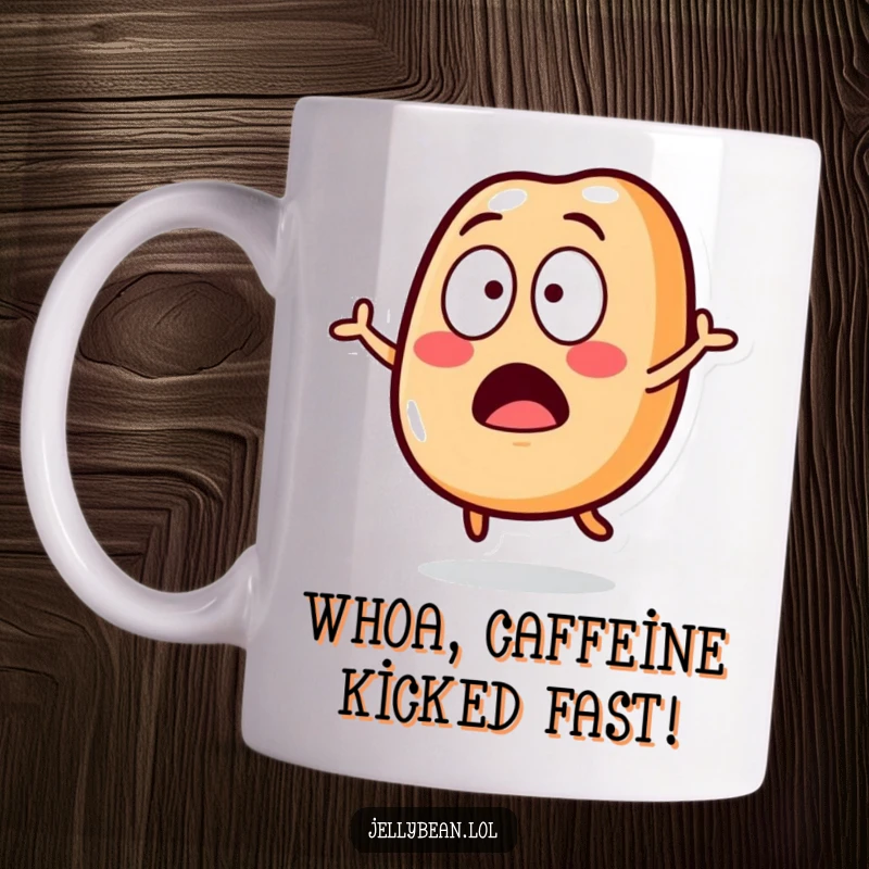 Funny Mug featuring a jelly bean character mid-jump, eyes wide in surprise, conveying a hilarious shock.