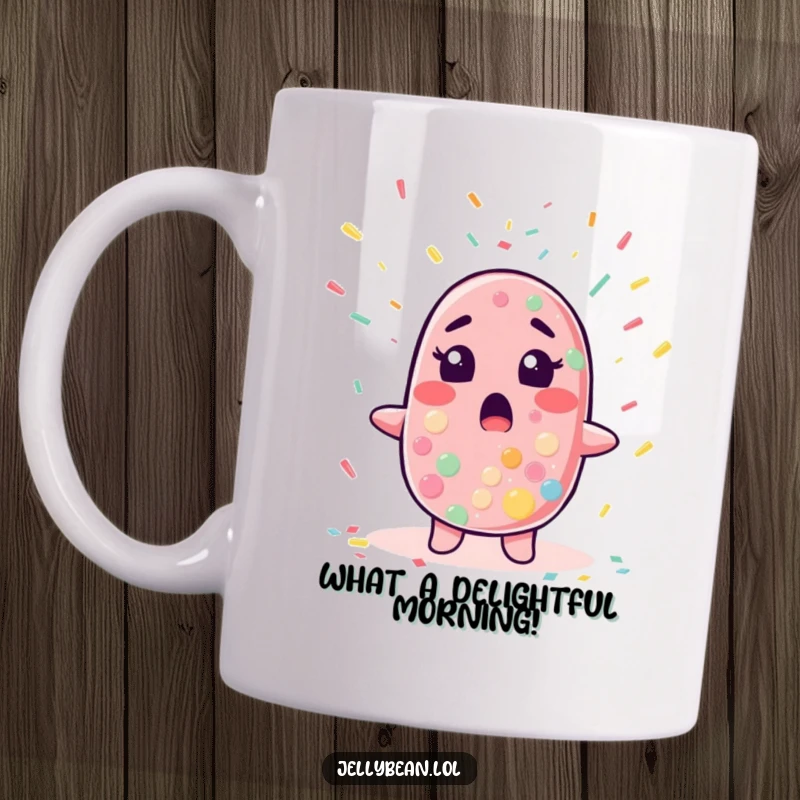 Funny mug showing a jelly bean character looking utterly surprised as colorful confetti rains down around it.