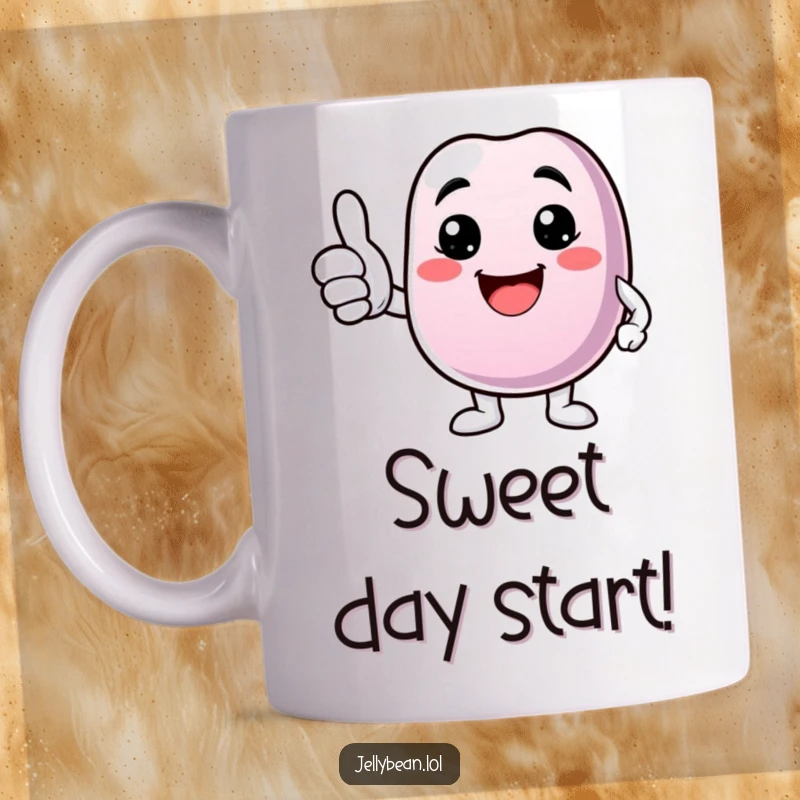 Funny mug featuring a jelly bean character giving a thumbs up with a wide, beaming smile.