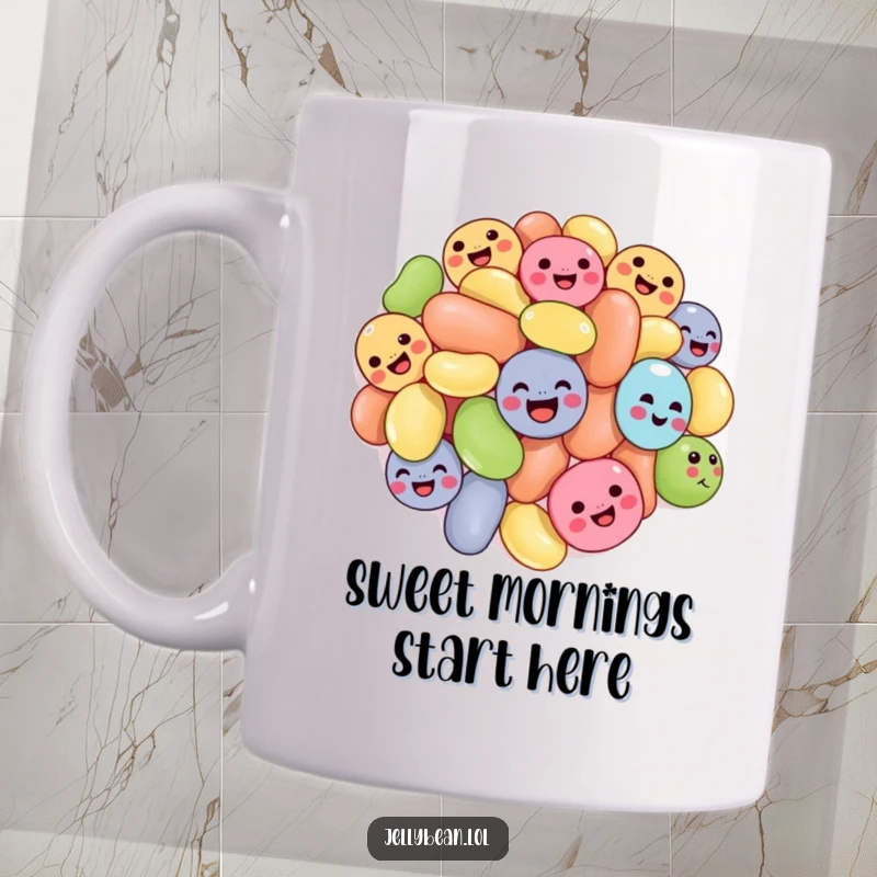 Funny tumbling jelly beans mug featuring a cluster of jelly beans with joyful expressions, tumbling playfully, representing sweet, hilarious fun.