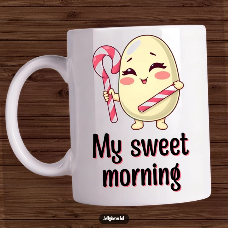 Funny Mug: A winking anthropomorphic jelly bean character with a candy cane cane, radiating mischievous charm and sweetness.