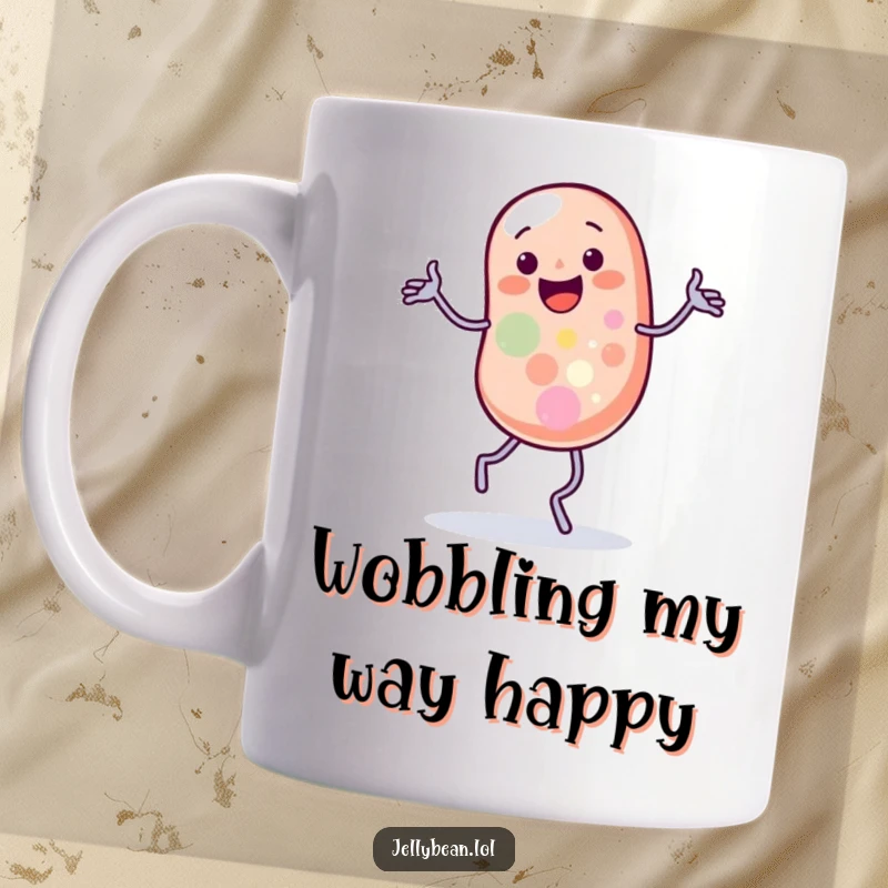Funny mug featuring a jelly bean character doing a silly jig with hilariously wobbling legs.