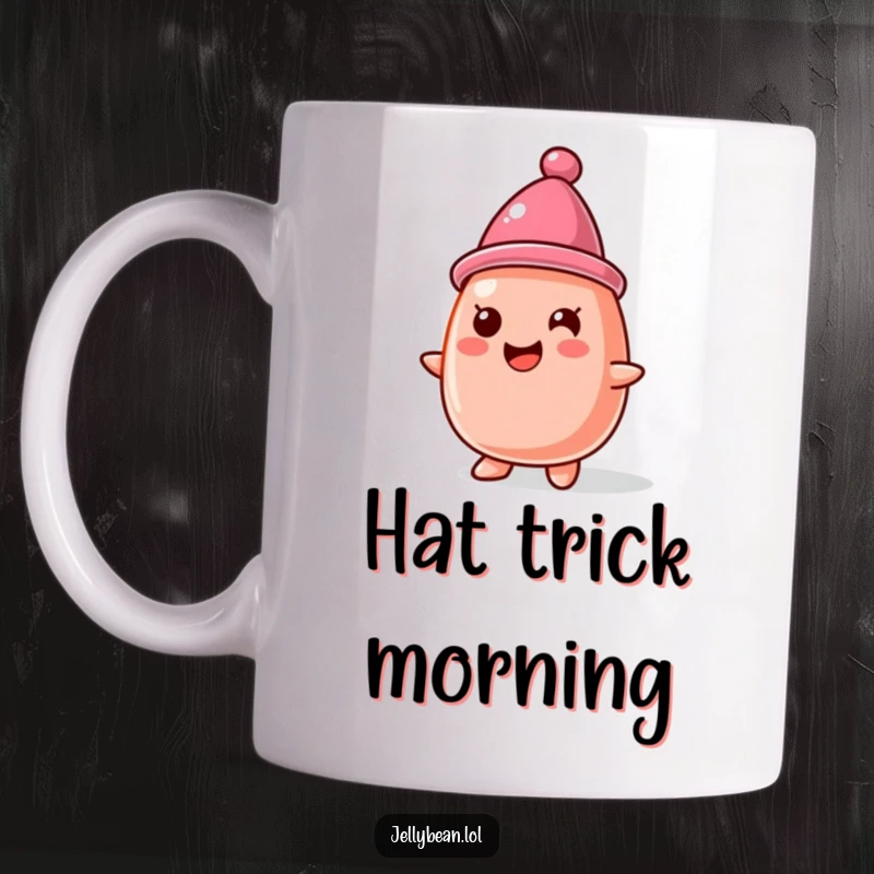 Funny Mug: A jelly bean character happily wears a tiny hat crafted from another jelly bean, showcasing cuteness and sweet self-adornment.