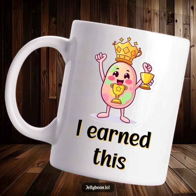 Funny mug: A cheerful anthropomorphic jelly bean character holds up a golden trophy triumphantly.