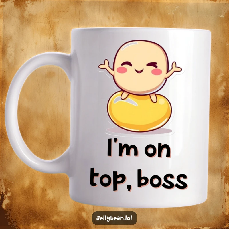Funny coffee mug featuring a jelly bean character winking mischievously while expertly balancing on top of another jelly bean.