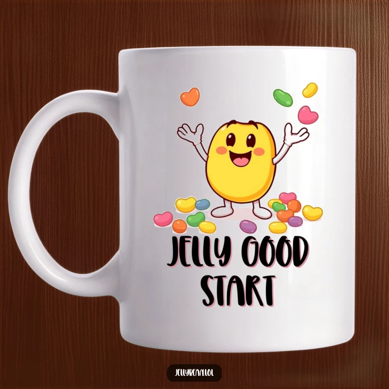 Funny mug featuring a smiley jelly bean character enthusiastically juggling smaller jelly beans, radiating pure, chaotic joy. A perfect funny gift.