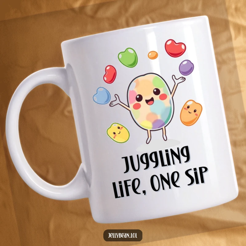 Funny coffee mug featuring a cheerful jelly bean character juggling its colorful bean friends, bringing a dose of playful joy.