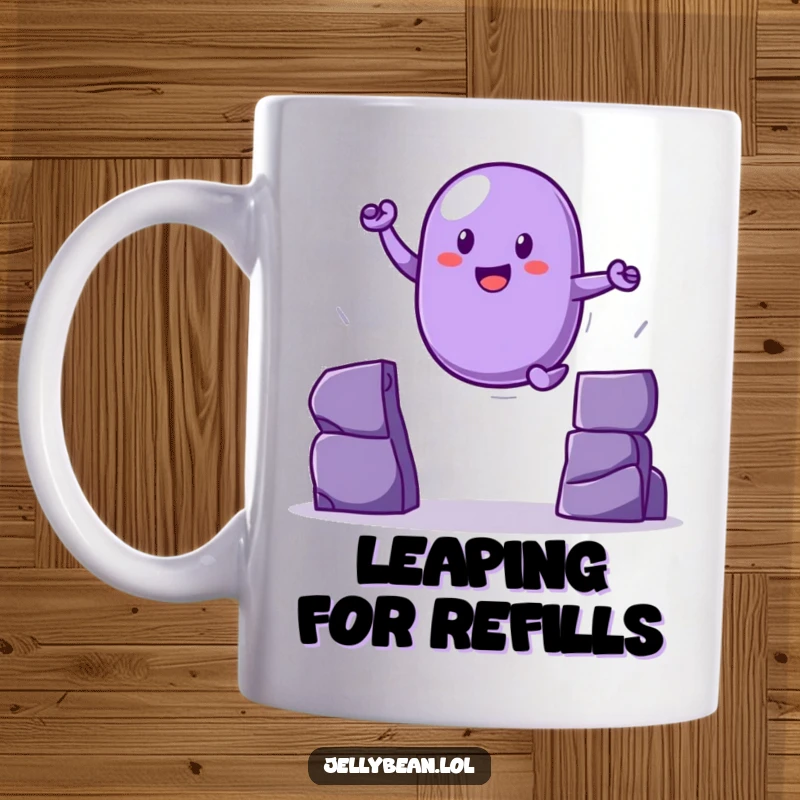 Funny purple jelly bean leaping heroically over a gap, a dynamic and funny gift mug.