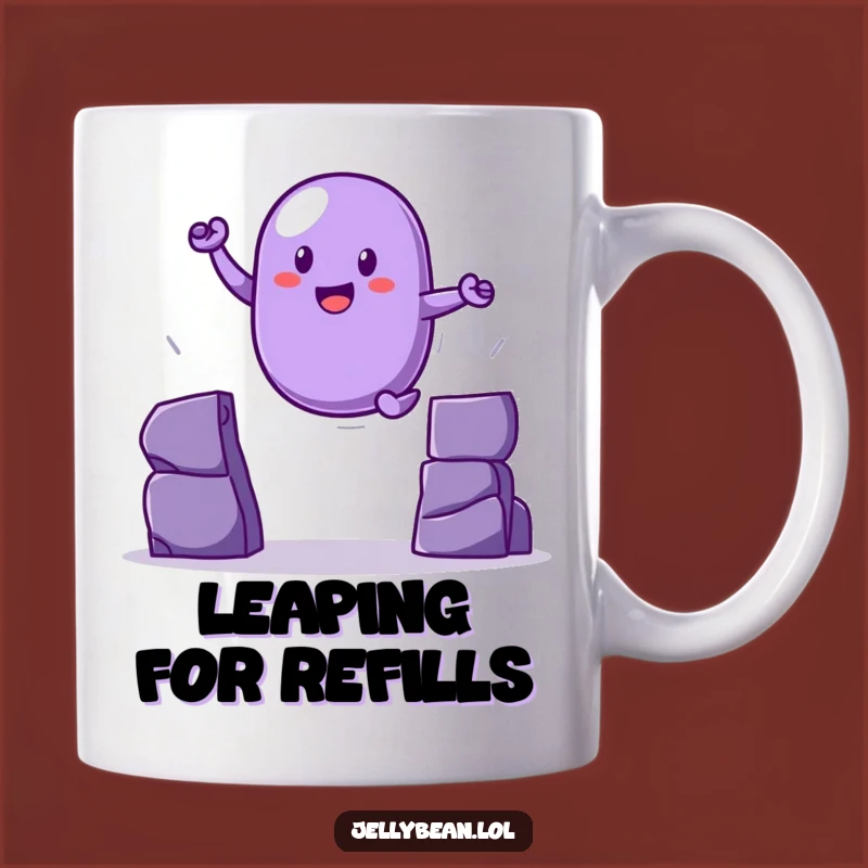 Funny Purple Jelly Bean Leaping Mug: Conquer Your Day with a Smile