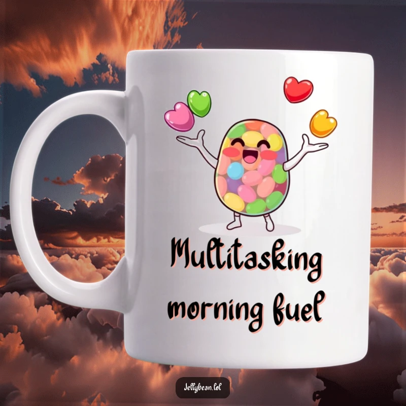 Funny Mug: A skillful anthropomorphic jelly bean juggles three smaller, colorful jelly beans. Perfect for fans of cute, funny, and talented designs.
