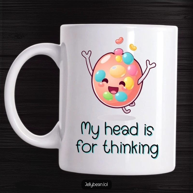 Funny mug featuring a joyful anthropomorphic jelly bean character gleefully bouncing on its head, radiating pure, silly energy.