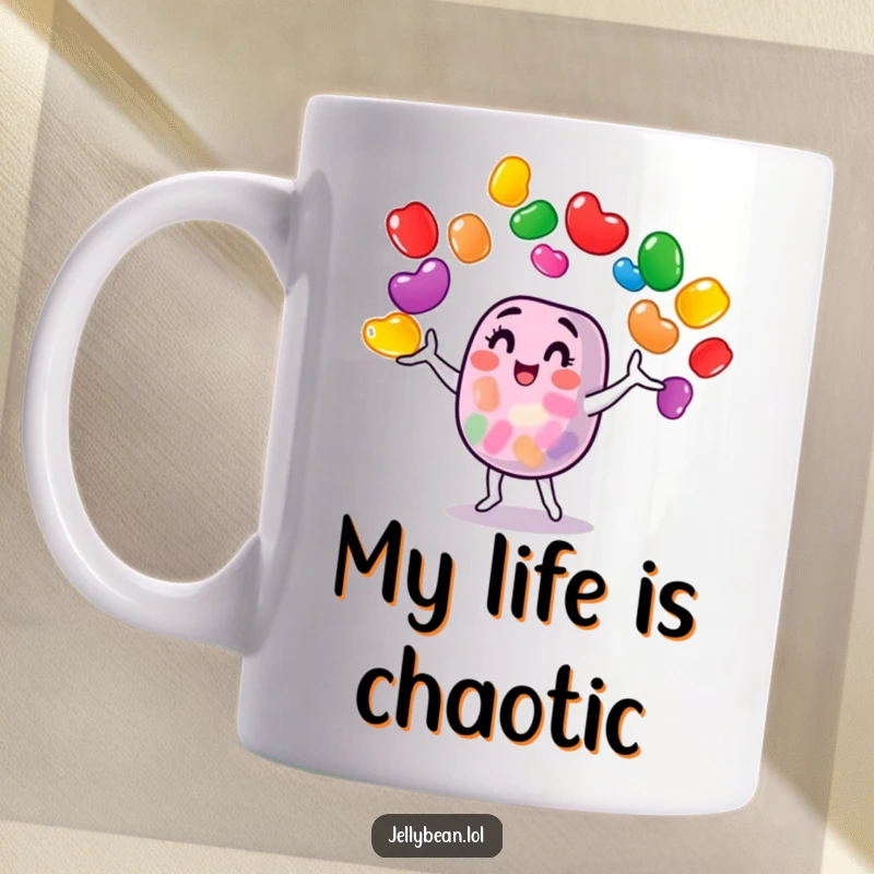 Funny jelly bean character expertly juggling a cascade of colorful jelly beans, showcasing skill and joy on this delightful mug.