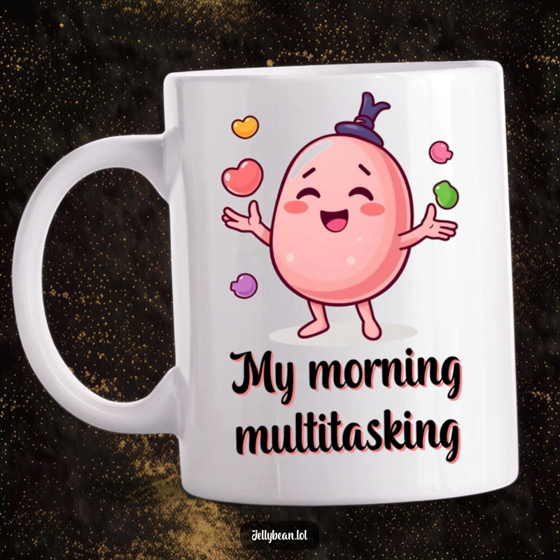 Funny mug showing a happy jelly bean character expertly juggling smaller candies with a cheerful and focused expression.