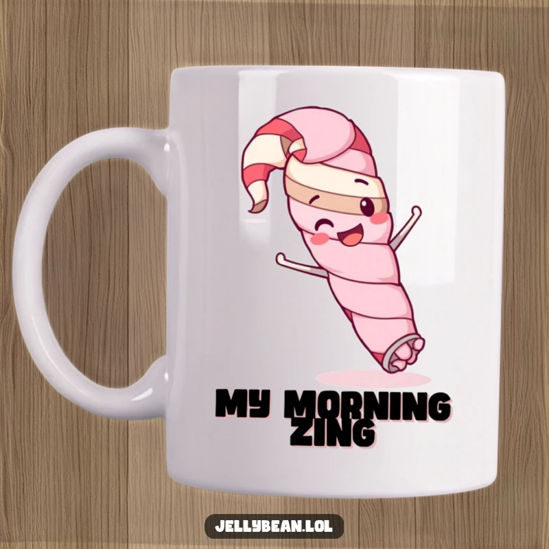 Funny mug featuring a happy licorice whip character mid-silly stunt, radiating pure, unadulterated fun and mischief.