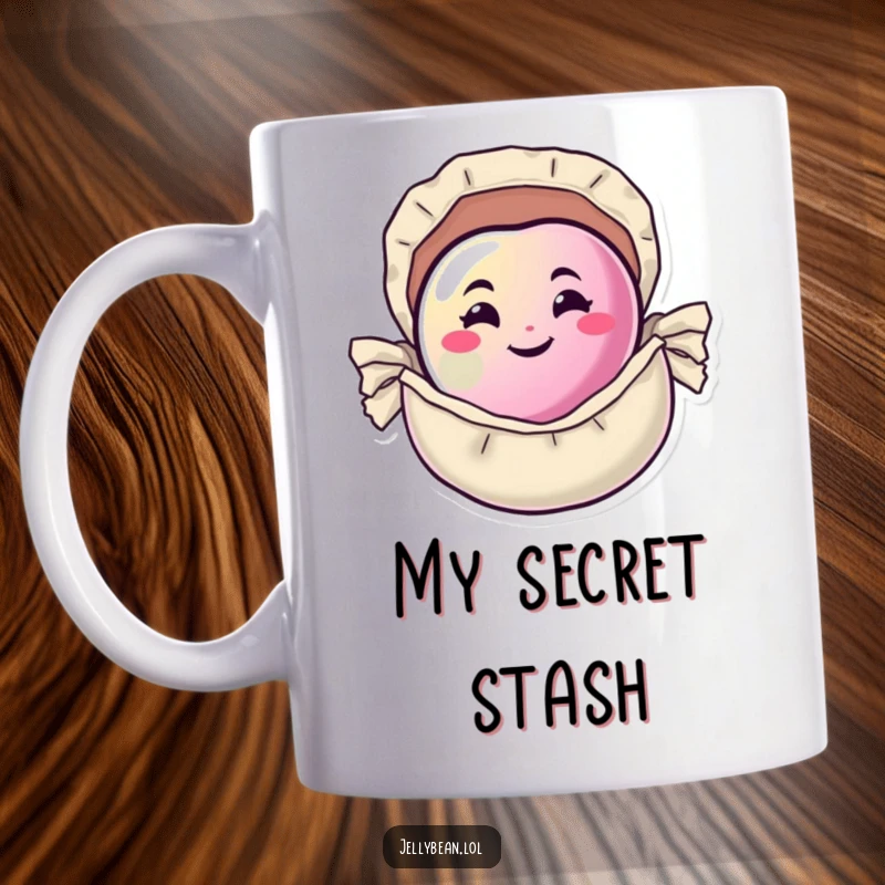 Funny Mug showcasing a happy jelly bean with a mischievous grin, peeking out from its candy wrapper, ready to surprise.