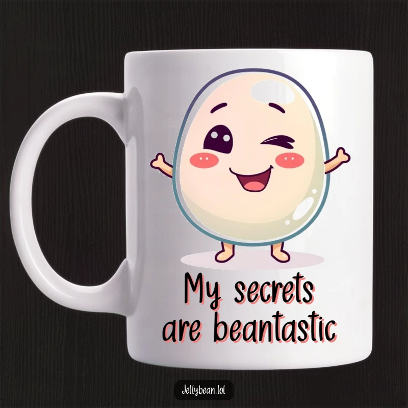 Funny coffee mug featuring a mischievous jelly bean character winking playfully, bringing a dose of sweet humor to your beverage time.
