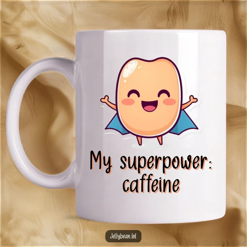 Funny jelly bean mug featuring a grinning jelly bean in a tiny cape, ready for action, a superb funny gift.