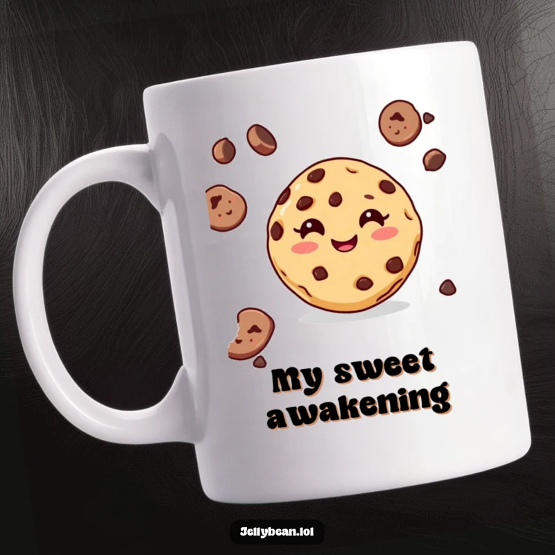 Funny mug featuring a delighted chocolate chip cookie character with a big, inviting grin, radiating pure cookie joy.