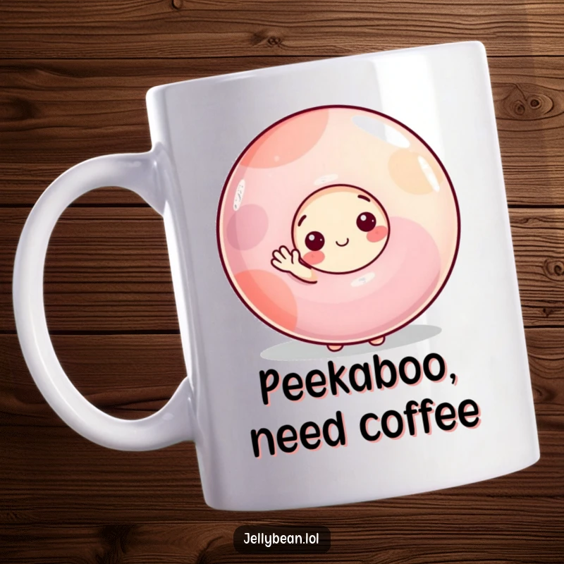 Funny mug featuring a shy jelly bean character peeking from behind a large gumdrop, offering a timid but friendly small wave.
