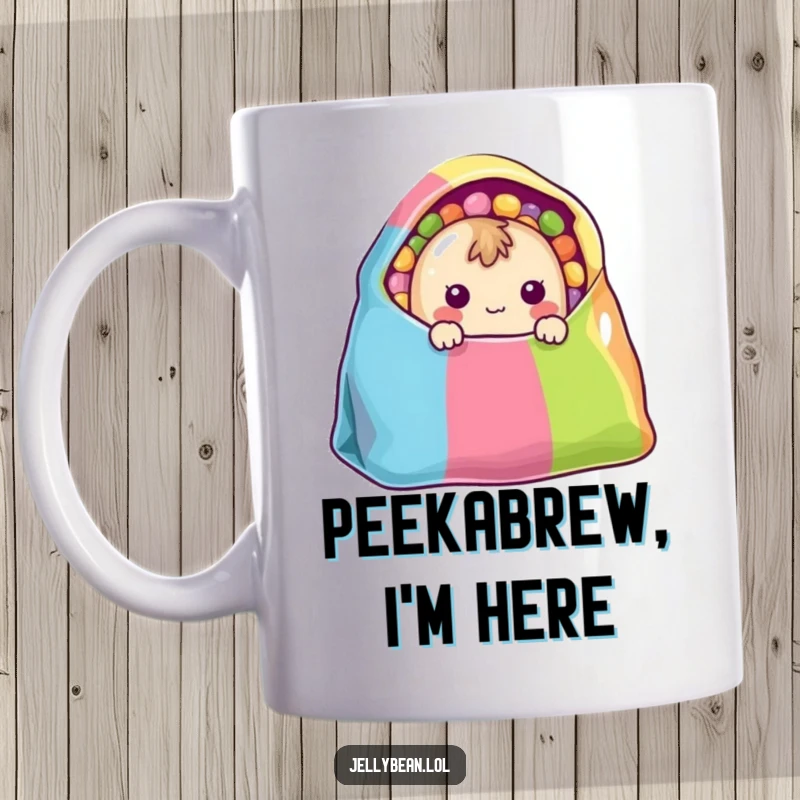 Funny Mug: A shy jelly bean character with wide eyes peeks curiously from a colorful candy bag, looking adorable.