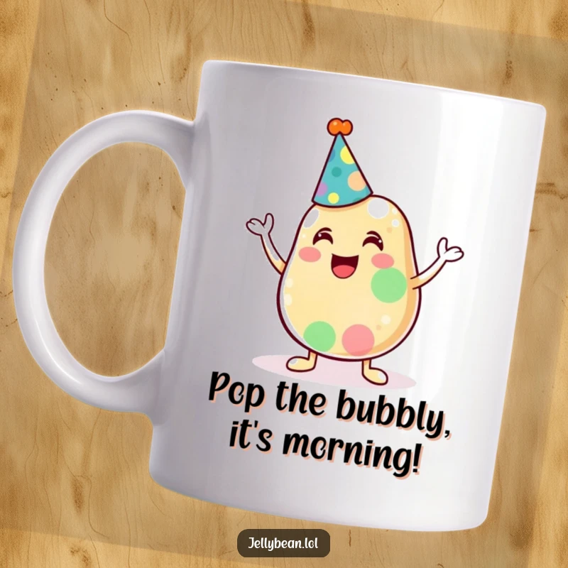 Funny mug featuring an anthropomorphic jelly bean wearing a tiny party hat and cheering with excitement, perfect for a fun gift.