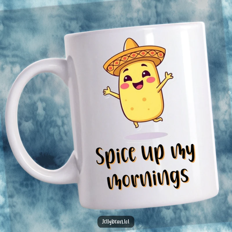 Funny mug with a smiling anthropomorphic taco character wearing a tiny sombrero and dancing with energetic, joyful abandon.