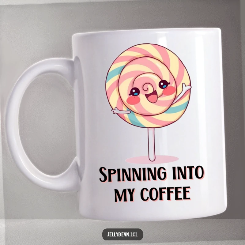 Funny Lollipop Mug featuring a delightful character in a joyful spin, radiating pure happiness and sweetness.