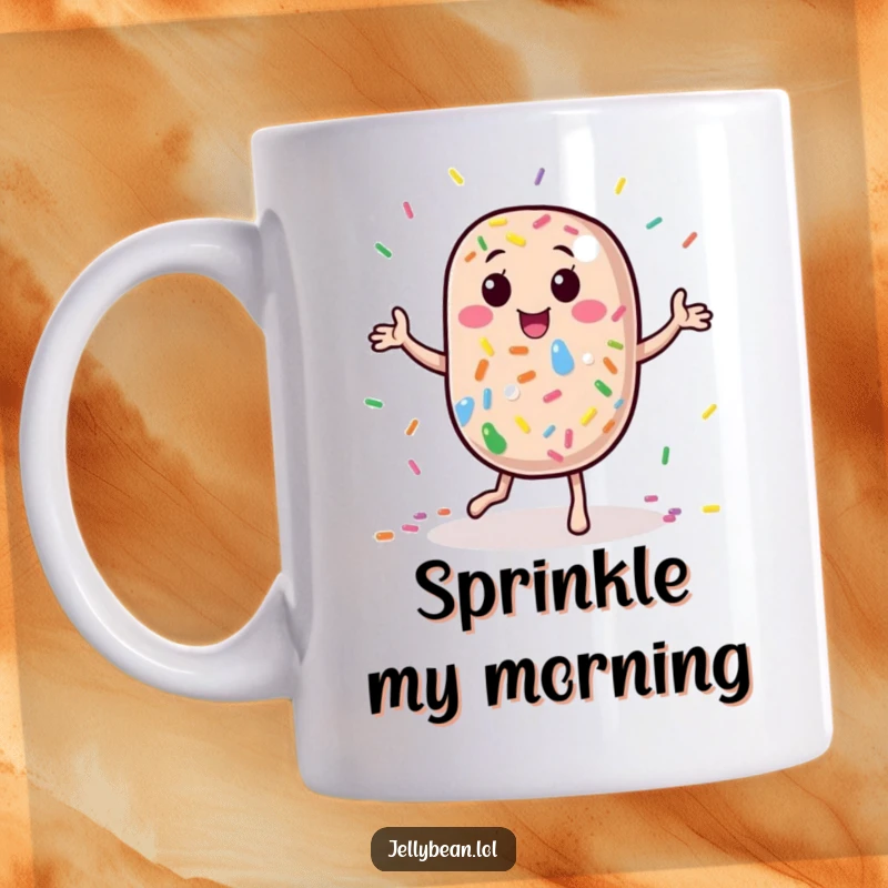 Funny Mug: A jelly bean character performs a silly dance, surrounded by vibrant rainbow-colored sprinkles, radiating pure, unadulterated joy.