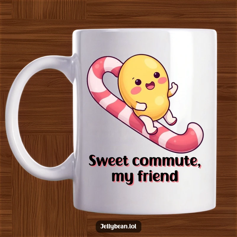 Funny Mug featuring a jelly bean character joyfully riding a giant candy cane, embodying sweet delight.