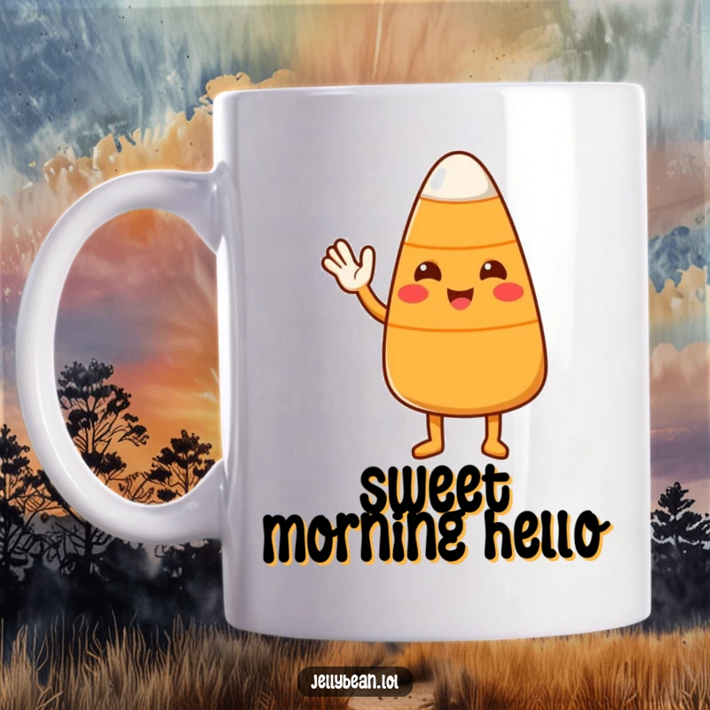 Funny Candy Corn Mug featuring a cute character waving hello with a friendly expression, perfect for cheerful greetings.