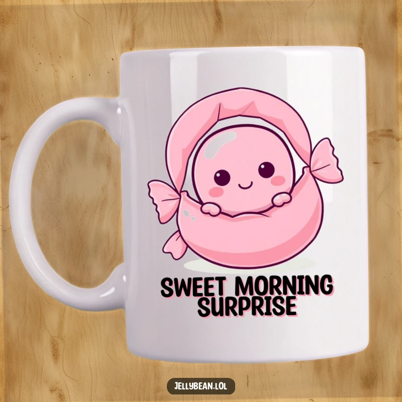 Funny jelly bean character peeking mischievously from behind a huge candy wrapper on a mug, hinting at sweet secrets.