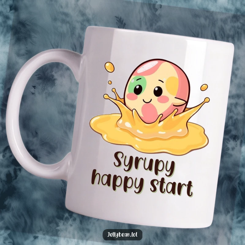 Funny Mug: A jelly bean character joyfully splashes in a pool of syrup, conveying pure, sweet, and messy fun.