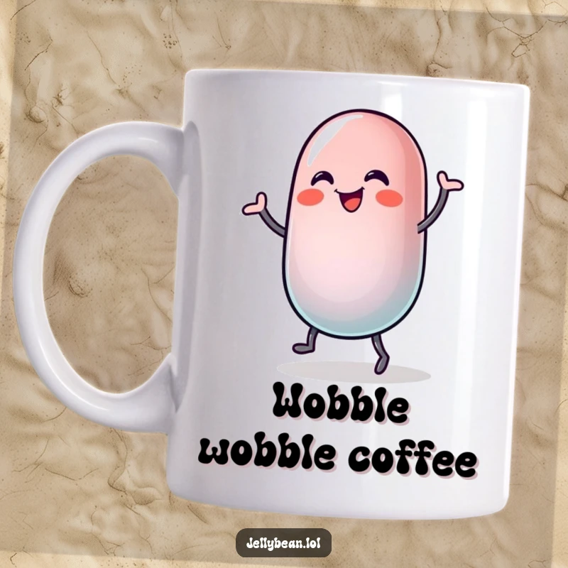 Funny mug showcases a jelly bean character busting a silly dance move, its body wobbling with infectious joy and happy energy.
