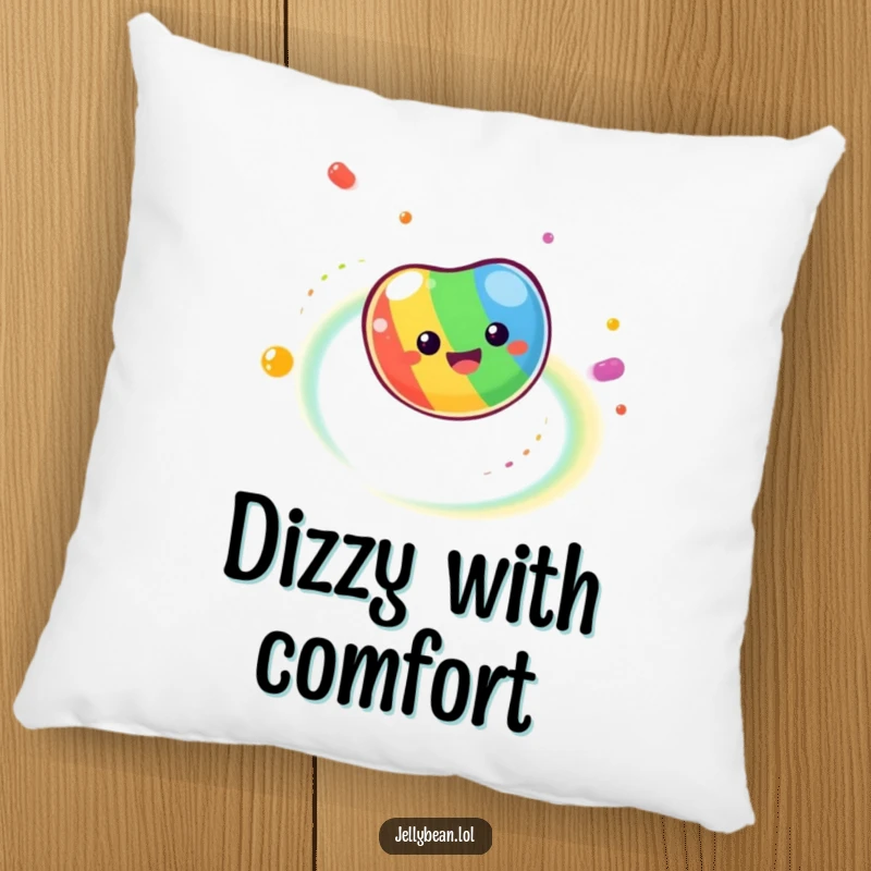 Funny Pillow showing a dizzy jelly bean spinning fast, leaving behind a mesmerizing trail of rainbow colors for a lively feel.