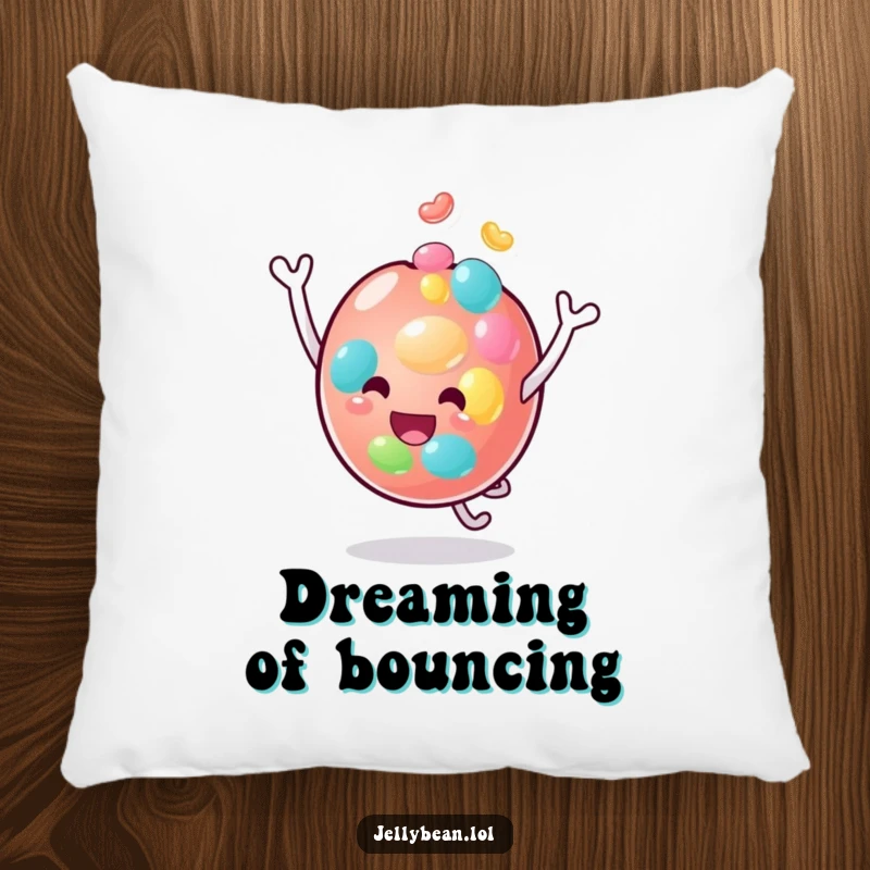 Funny pillow featuring a happy anthropomorphic jelly bean character in a dynamic head-bouncing pose, offering comfort and comedic charm.