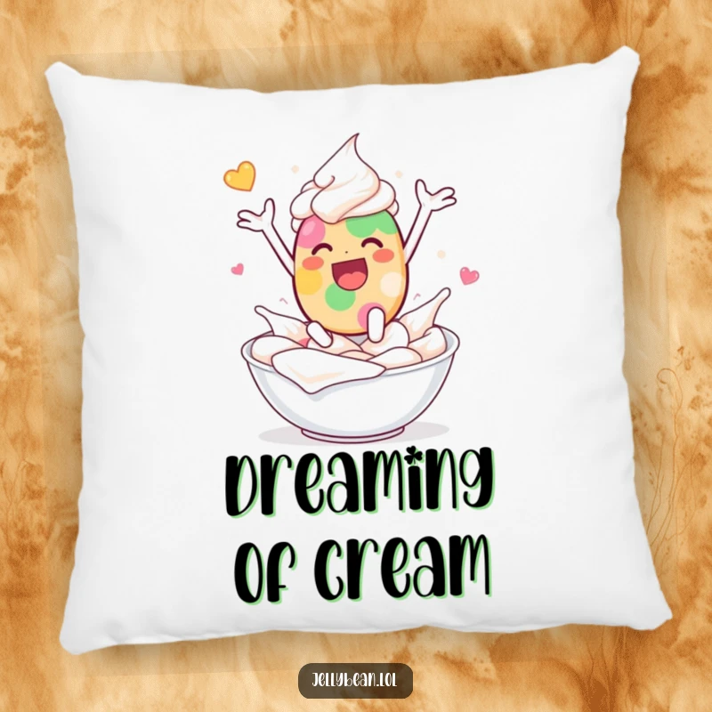 Funny pillow showcasing a jelly bean character joyfully leaping into a bowl of whipped cream with delighted abandon.