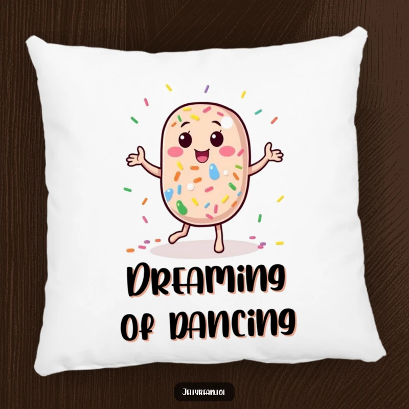 Funny Pillow: A soft jelly bean character dances joyfully amidst rainbow sprinkles, offering comfort and a burst of playful, humorous energy.