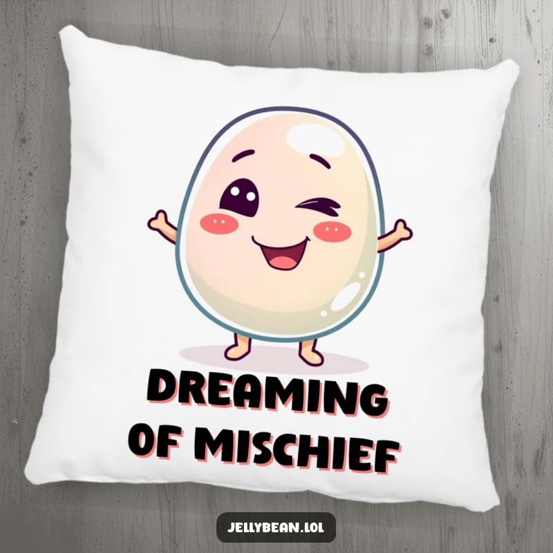 Funny pillow featuring a mischievous jelly bean character winking playfully, offering comfort and a touch of sweet, humorous charm.