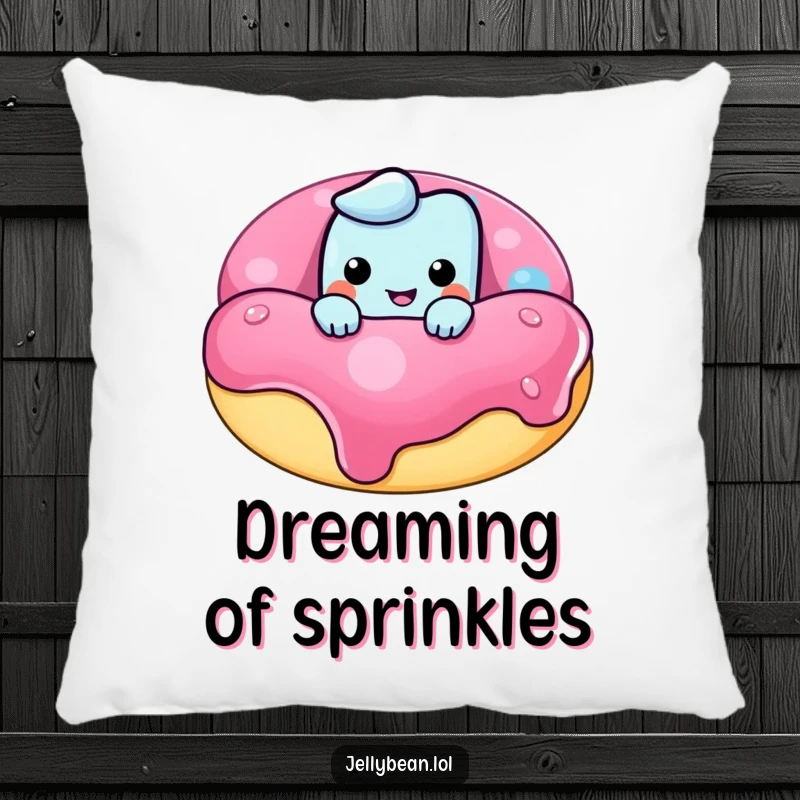 Funny pillow with a mischievous jelly bean character peeking over a huge donut, offering comfort and a dose of sweet, hilarious charm.