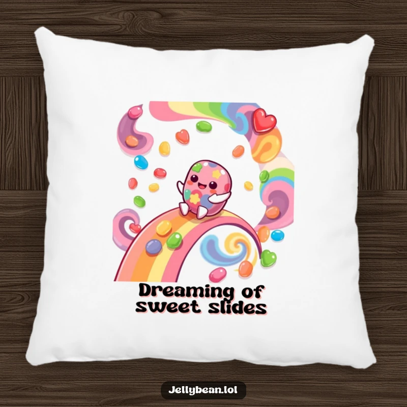 Funny Pillow featuring a giggling jelly bean character joyfully sliding down a rainbow made of swirling flavors, bringing cozy, flavorful fun.