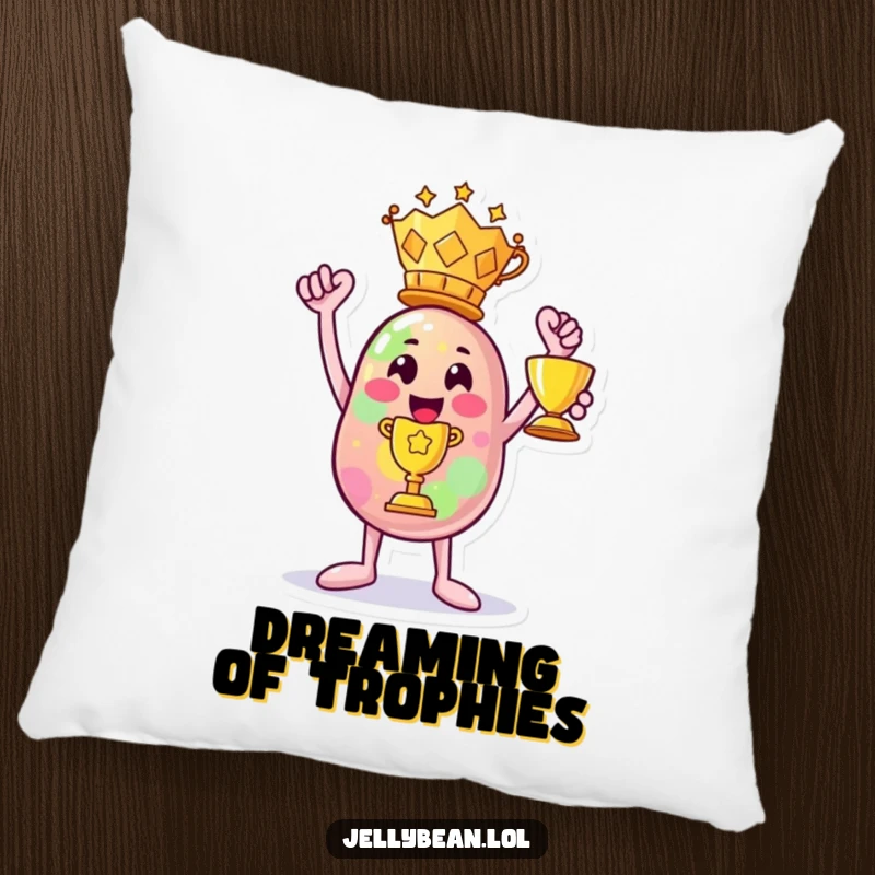 Funny pillow: A jelly bean character triumphantly holds a trophy, bringing celebratory comfort and humor.