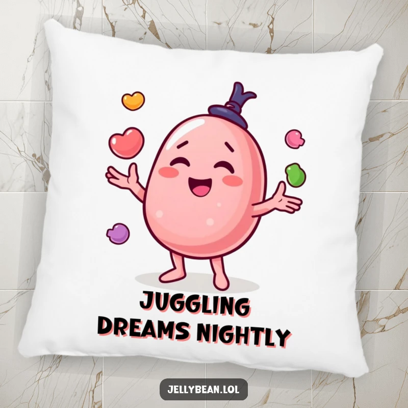 Funny pillow designed with a happy jelly bean character juggling various candies, adding a sweet and comforting touch.