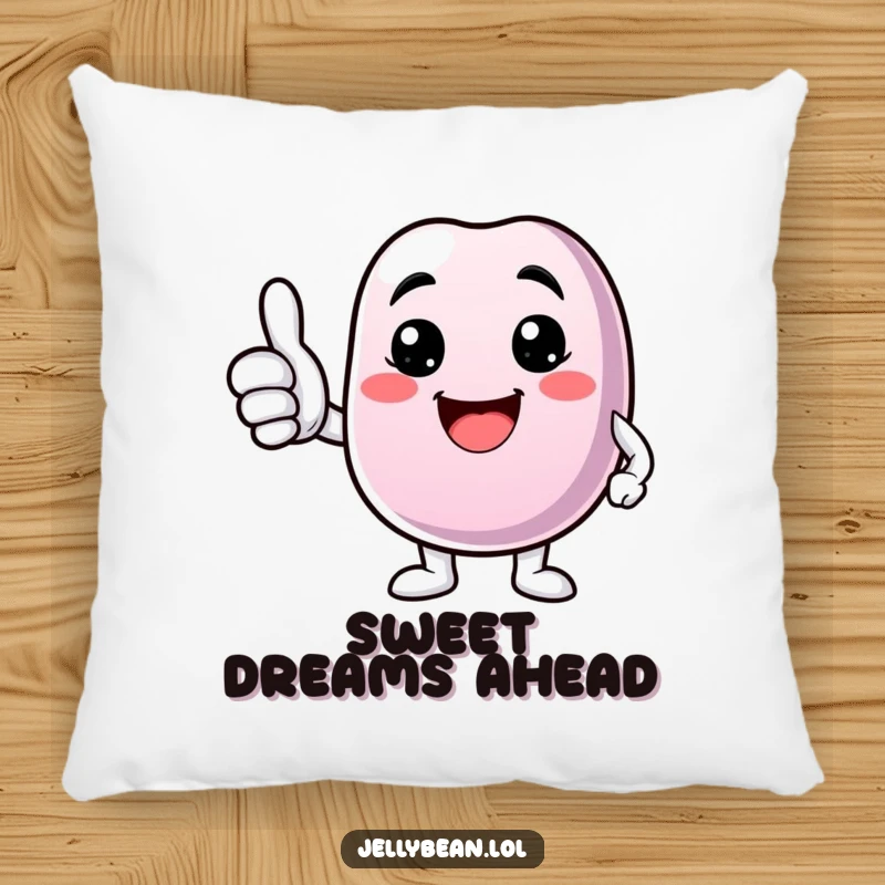 Funny pillow featuring a jelly bean character giving a thumbs up with a bright smile, perfect for adding cheerful comfort.