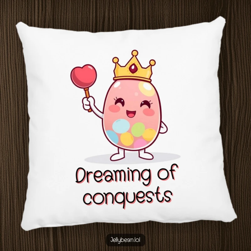 Funny Pillow featuring a jelly bean character in a tiny crown, posing triumphantly with an oversized candy, adding sweet luxury to relaxation.