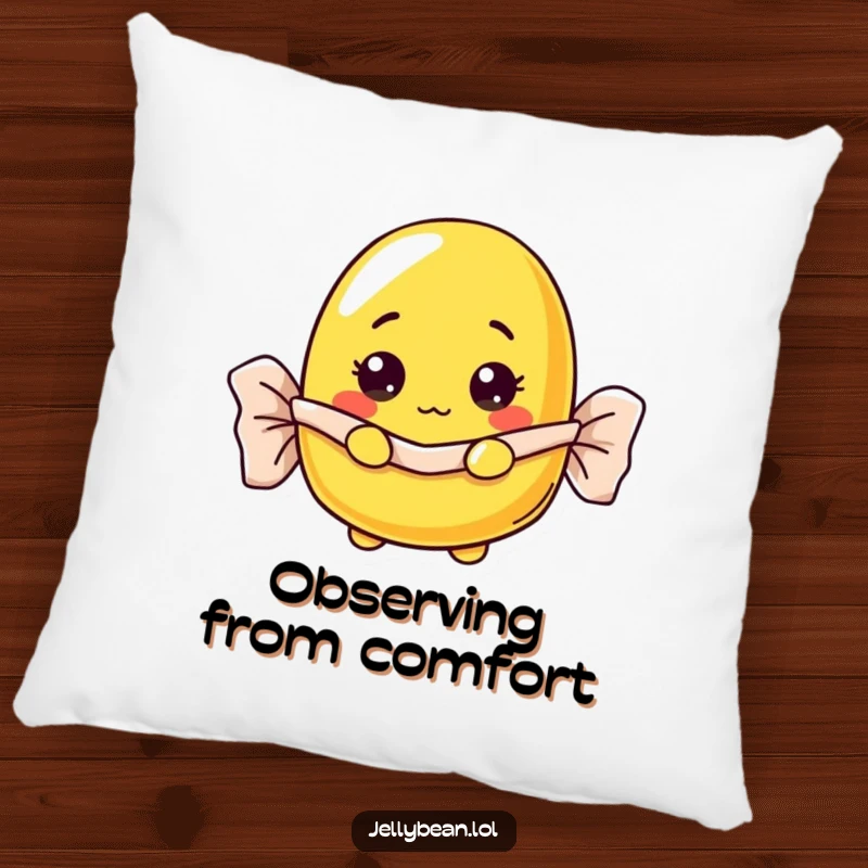 Funny curious yellow jelly bean pillow peeking from a wrapper, soft, cuddly, and a funny gift.