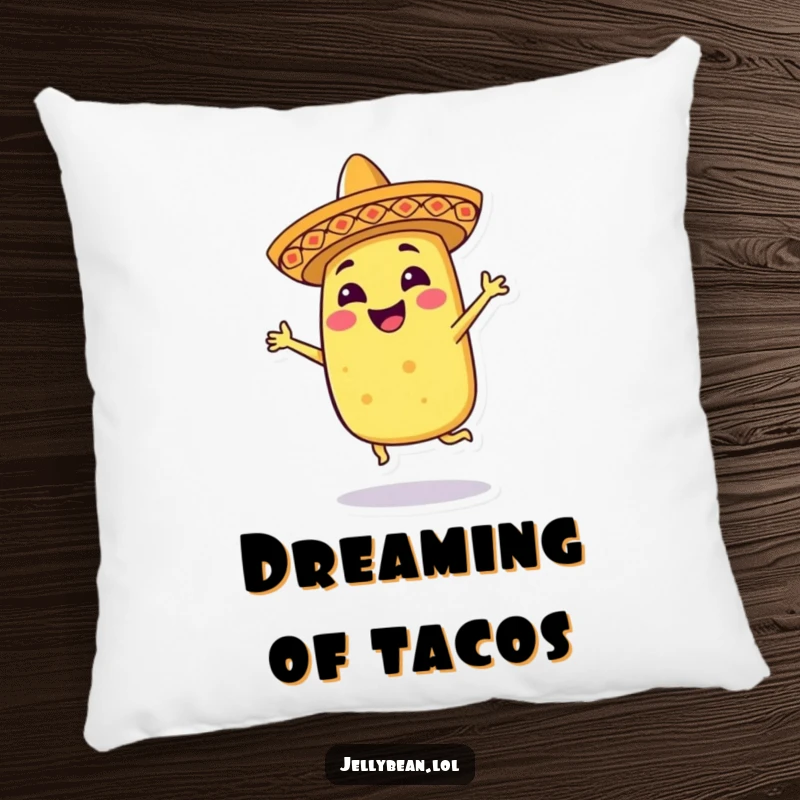 Funny pillow featuring a smiling taco character wearing a small sombrero, caught in an energetic dance, bringing comfort and laughter.